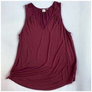 Shirred V Neck Sleeveless Tank Top Maroon/Crimson